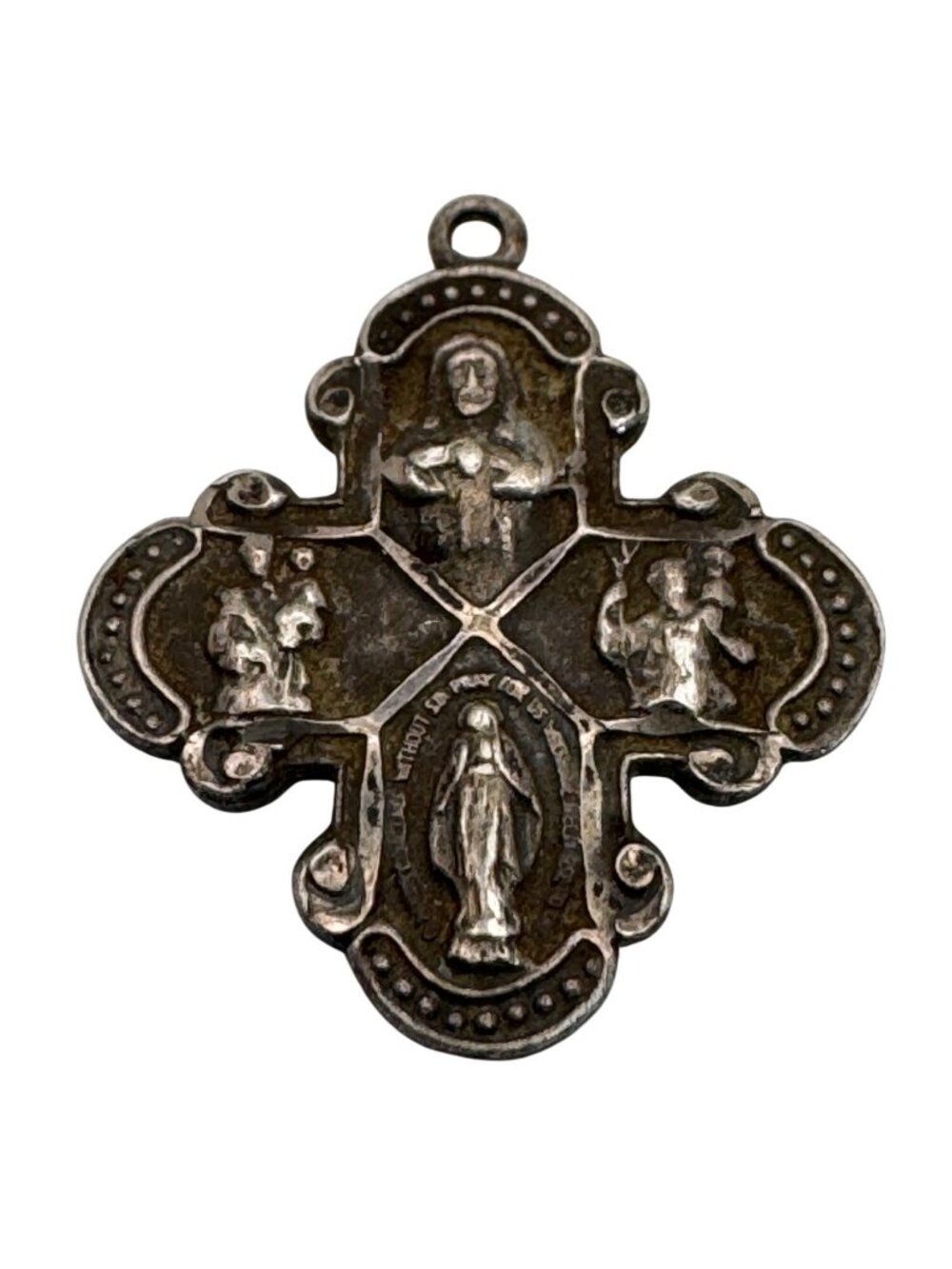 Four Way Catholic Cross Pendant With Religious Icons Vintage Sterling Silver 1"